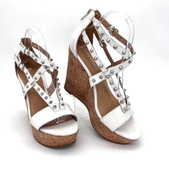 Marc Fisher White Leather Studded Cork Wedge Platform Sandals Heels Size 8M - Picture 1 of 15